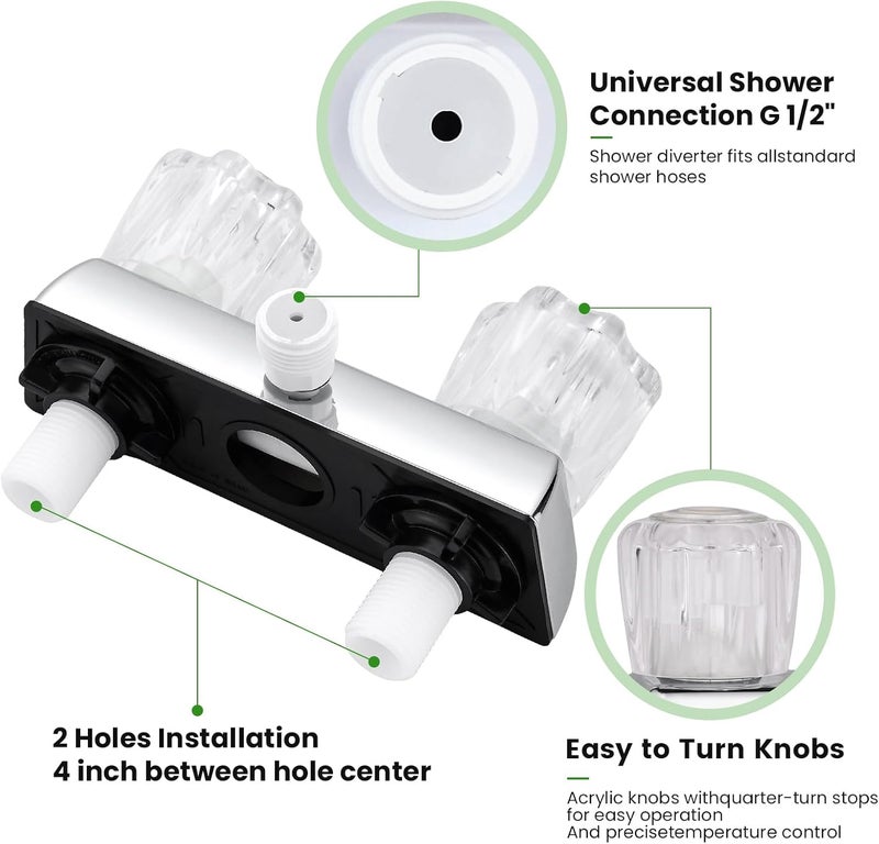 gcbcrit RV Shower Faucet, Dual-Handle Camper Shower Faucet with Acrylic Knobs, 4" RV Shower Valve Diverter, RV Outdoor Shower for RV, Camper Van, Outside and Inside Bathroom Shower (Chrome) - Image 4